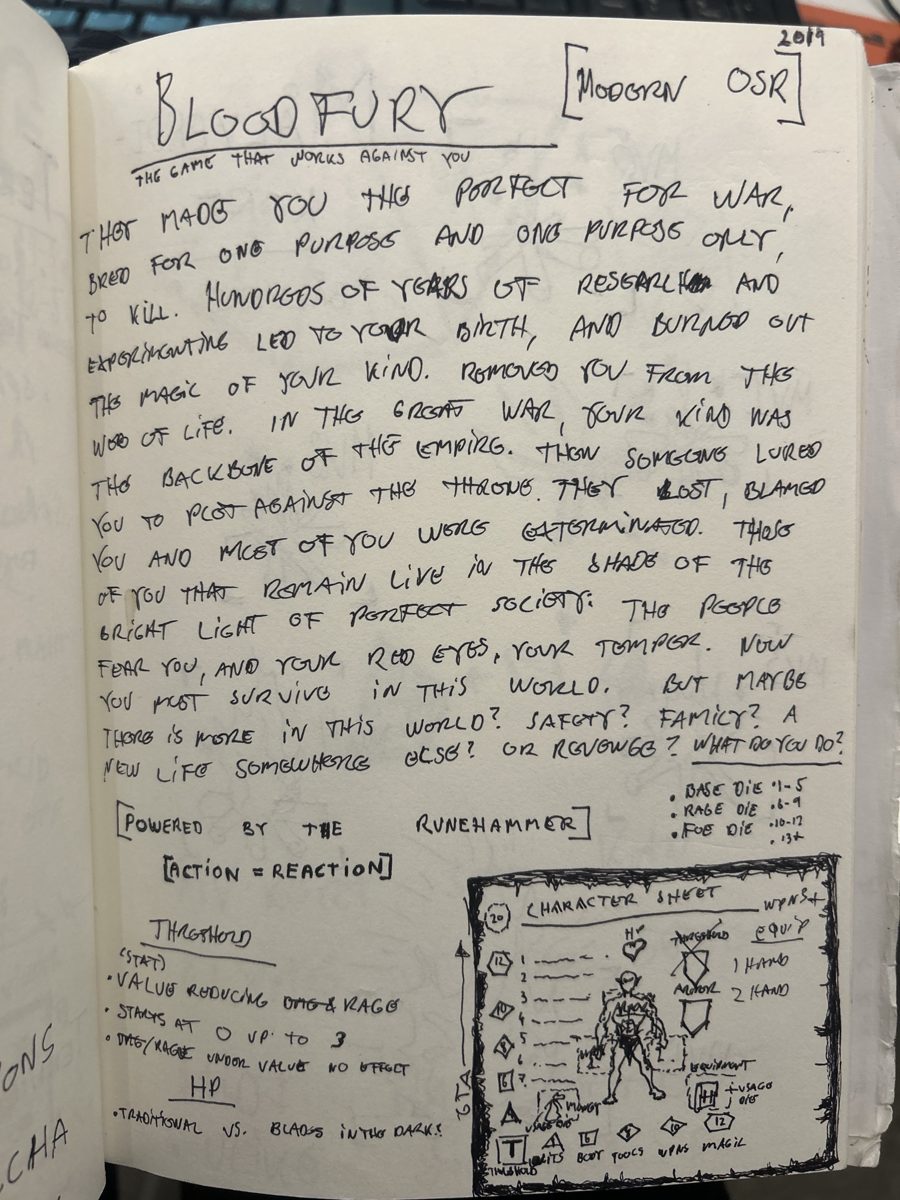 A handwritten notebook page from 2019 titled Bloodfury, with the first sketch of the rage die and a character sheet