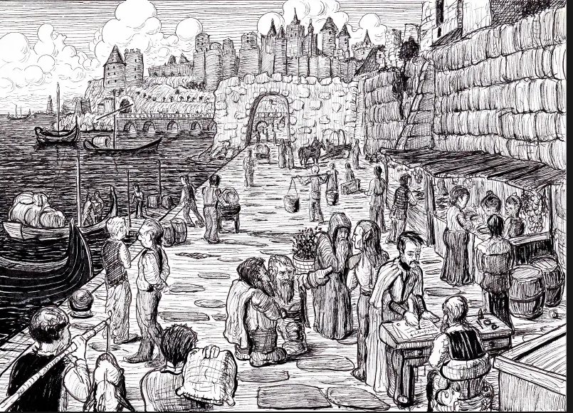 The quay market in Rivermoot, ink on paper by Joe Porkio