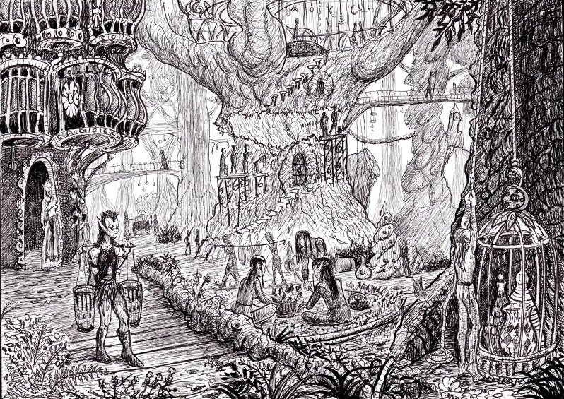 Silvarion, the elven forest city, ink on paper by Joe Porkio