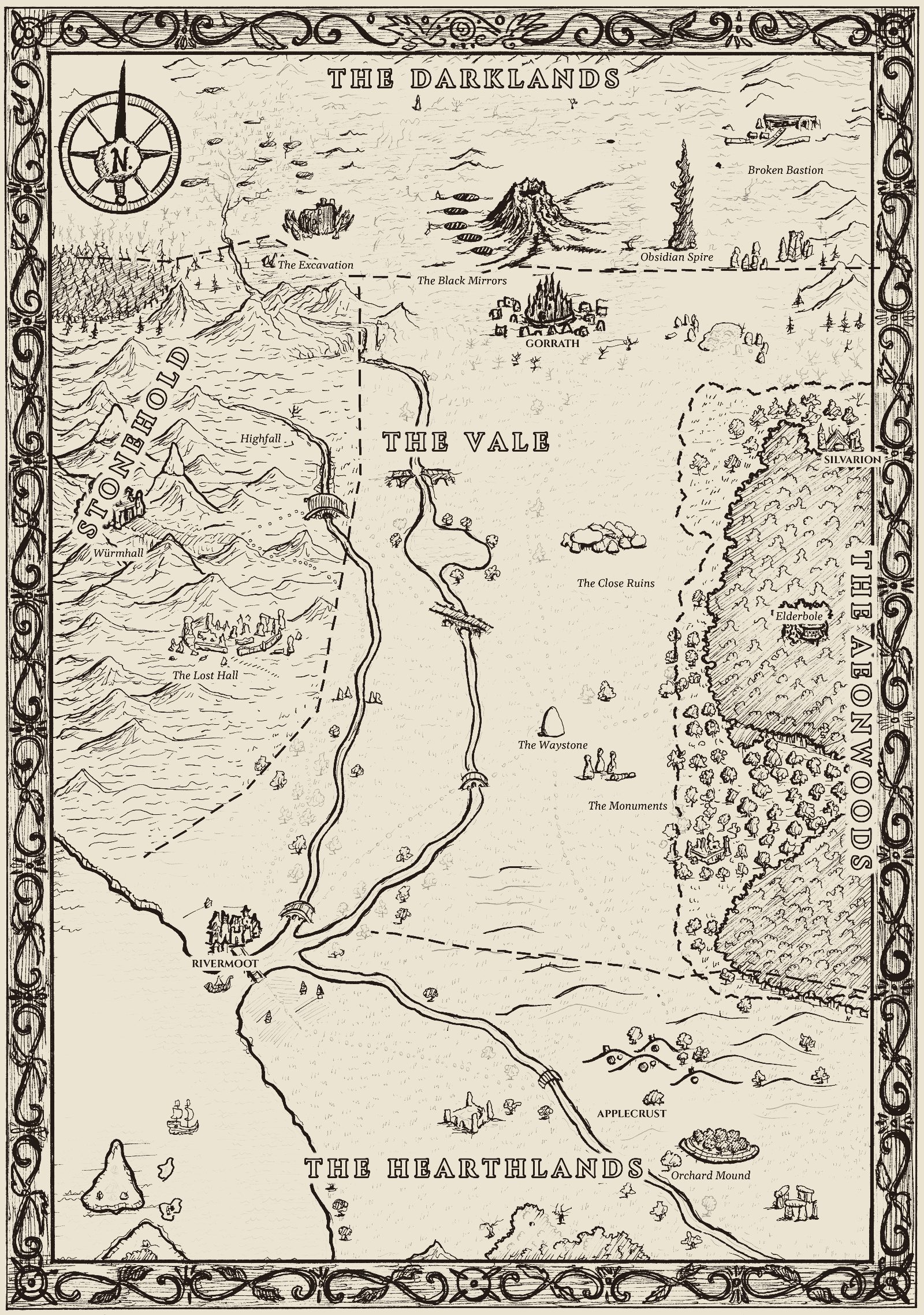 The world map, five lands around the Vale, ink on paper by Joe Porkio